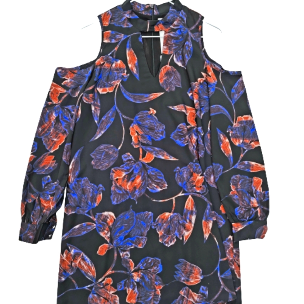 Womens M NWT Everly Black & Blue Floral Coquette Bloomcore Cold Shoulder Dress